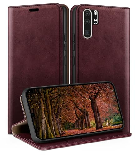 HUOUH für Huawei P30 Pro Hülle mit RFID Schutzhülle aus Lederhülle Handyhülle,Kartenfach Leder ständer Handy hülle,360 Grad Schutz Cover für Huawei P30 Pro Klapphülle Wallet Case Rotwein