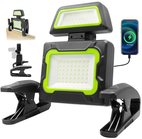 SYLSTAR Werkstattlampe LED mit Klemme, 30W LED Arbeitsleuchte mit Magnet, 5 Lichtmodi und Powerbank, 350° Schwenkbar Akku Lampe, Haken & Magnetfuß für Werkstatt, Autoreparatur, Garage und Notfall