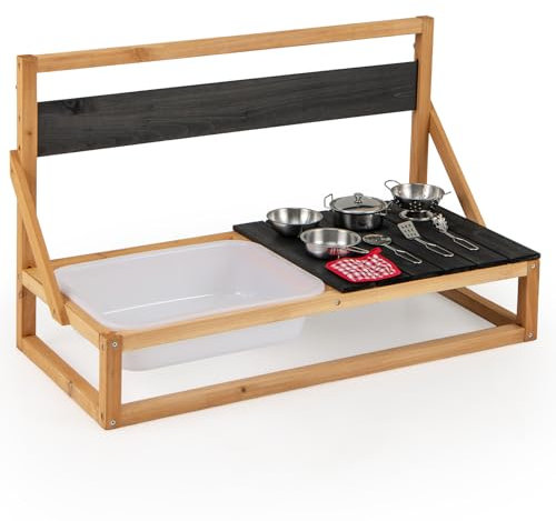 COSTWAY Cuisine Extérieure Murale Enfant avec Tableau Noir & Évier, Jeu de Cuisine en Bois de Sapin Enfant avec 7 Accessoires & Chiffon, Cuisine de Boue pour Enfant de 3 Ans+