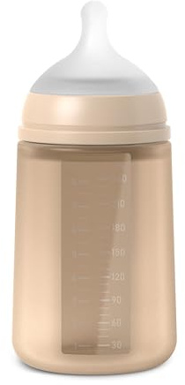 Suavinex, Biberon avec Bouteille en Silicone et Tétine Symétrique SX Pro, Souple et Flexible, avec Valve Anti-colique, Biberon à Debit Moyen (M), pour Bébés +3 Mois. Colour Essence, Irish Cream