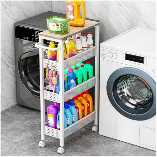 Vivihomety Utility Slim Storage Cart, 4 Tier Small Rolling Kitchen Laundry Room Cart with Wood Top, Metal Bathroom Storage Cabinet Mobile Shelf Unit Organizer Trolley with Handle for Narrow Space