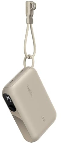 Belkin BoostCharge Powerbank på 10 000 mAh med Digital display - Sandfärgad | 10K Bärbar Laddare, 2 x USB-C Port, 20 W, Redo för Flygresan, Förladdad, Löstagbar Kabel för USB-C Medföljer, Lätt