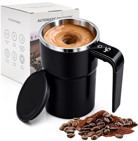 LOMUG Elektrischer Automatischer Selbstrührung Kaffeebecher, 380ML Selbstrührende Kaffeetasse, Thermobecher mit Temperaturanzeige aus Edelstahl, Mixerbecher für Kaffee Milch, Wiederaufladbar (Schwarz)