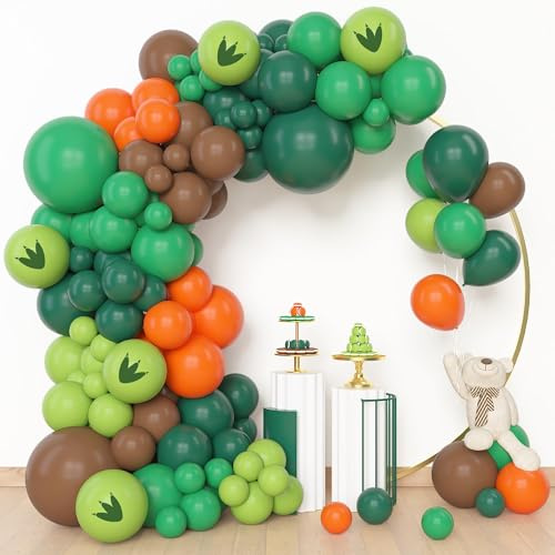 BlueCloudy Kit arco guirnalda globos dinosaurios, diferentes tamaños 45 30 25 12 cm, globos impresos verde oscuro marrón naranja, para decoraciones cumpleaños jungla safari dinosaurio