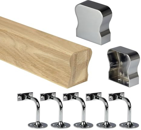 Oak HR Wall Mounted Handrail Kit Oak Handrail with End Caps & Wall Brackets - Chrome, Black, Nickel - 1800mm 2400mm 3600mm 4200mm Lengths (Chrome, 4200mm)