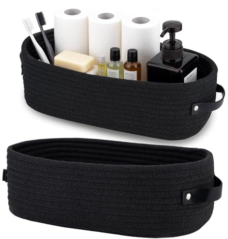 txuzong Cesta de almacenamiento trenzada de cuerda de algodón con mango de piel, 2 unidades, 33 x 15 x 10 cm, elegante almacenamiento para baño, dormitorio, cocina y estantería (negro)