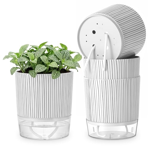 Yimomoyi 4 Piezas Macetas con Riego Automático Blanco 14cm Ancho, Maceta Almacenamiento de Agua Hierbas Autorriego para Interiores Oficinas
