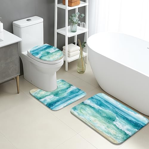 Juego De 3 Alfombrillas De Baño Olas Abstracto Acuarela Azul Verdosa Juego De Alfombrillas De Baño Durable Imprimir Alfombras De Cama, para Dormitorio, Cocina, Bathroom