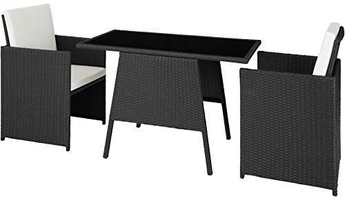 TecTake® Conjunto Jardín Exterior de Ratán y Aluminio, Muebles Jardín Exterior Resistente a la Intemperie, 2 Sillas con Cojines, Mesa Cristal, Apilable, Fundas Extraíbles - Negro