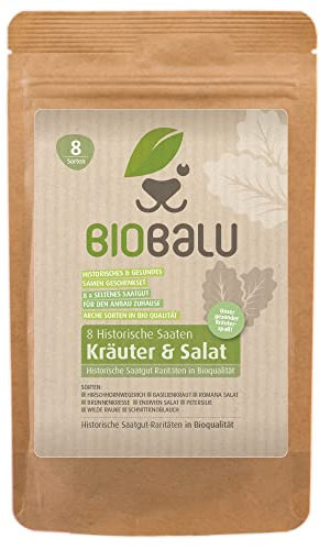 Biobalu Kräuter & Salat Samen Bio - 8 Alte Sorten - Historisches Saatgut Set, Saatgut Raritäten in Bioqualität, Seltene Sorten für Freiland, Gewächshaus & Balkon - Geschenkset