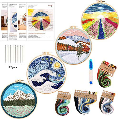 4 Sets Embroidery Starter Kit with Pattern and Instructions, DIY Beginner Starter Stitch Kit Include 2 Embroidery Hoop,4 Embroidery Clothes with Plants Flowers Pattern,Color Threads (Embroidery--B)