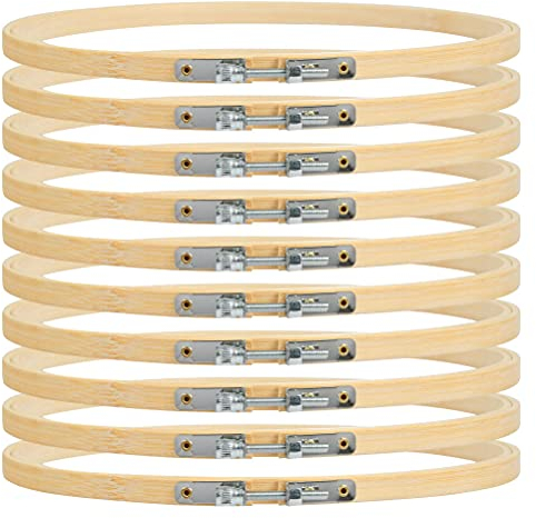 FOCCTS 10 Stück Runde Stickrahmen Set, 20cm/8inch verstellbarer Bambus Kreuzstich Rahmen Hoop, Ringstickerei Handwerk machen