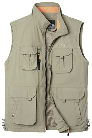 Yukirtiq Herren Sommer Outdoor Weste Leicht Atmungsaktiv Anglerweste Schnelltrocknend Safariweste Funktionsweste mit vielen praktischen Taschen Jagdweste Wandernweste, A-Khaki, L