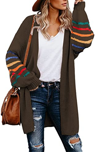 Dokotoo Long Cardigans for Women Balloon Long Sleeve Striped Color Block Chunky Cardigan Sweaters for Women Comfy Cable Knit Open Front Sweater Coats Chocolate Brown Fall Clothes L