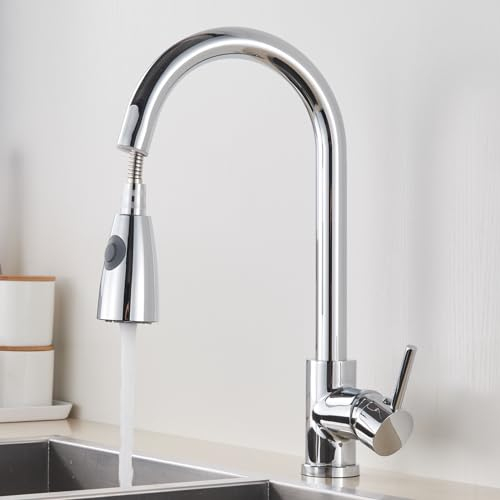 Robinet de cuisine haute pression avec douchette extractible - Mitigeur d'évier pivotant à 360° - Deux fonctions de pulvérisation - Acier inoxydable chromé