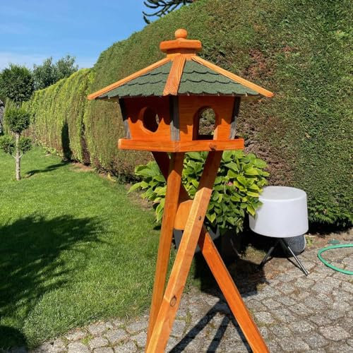 DARLUX Vogel Futter Haus L oder XL Sechseck Holz Vogelhaus Futterstelle Braun/Blau, Rot, Schwarz und Grün (XL mit Ständer, Grün - Braun)