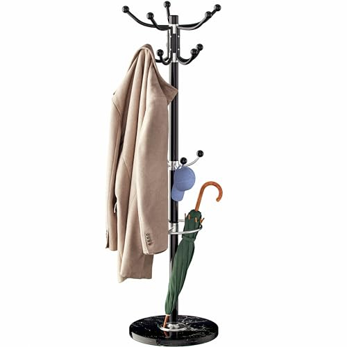 CASARIA® Elegant Coat Rack Hat Stand with Marble Base Coat Stand and 14x Rotatable Coat Hangers | Sturdy & Stylish Clothes Rack for Hallways & Offices Furniture | Black | 175cm Tall