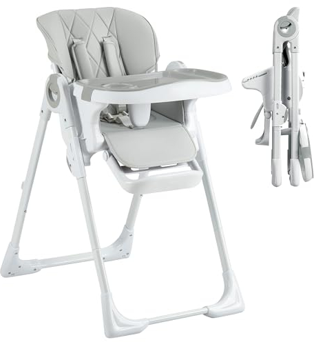 Hochstühle Baby Faltbar, Verstellbar Kinderhochstuhl, Multifunktional Babystuhl mit Liegefunktion ab, Einfach zu Reinigen, Abnehmbares Tablett rutschfest, 15 kg, Grau