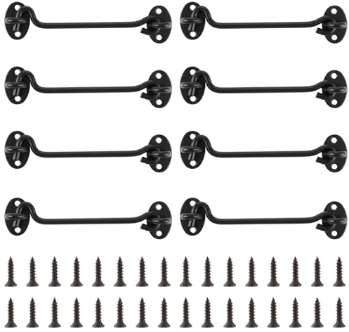 FWEEK Pack of 8 Storm Hooks with Eyelet Stainless Steel, 6 Inch Cabin Hooks, Stainless Steel, Window Hooks, Storm Hooks, Cabin Hooks with 32 Mounting Screws for Garage Door, Window, Barn Door, Door
