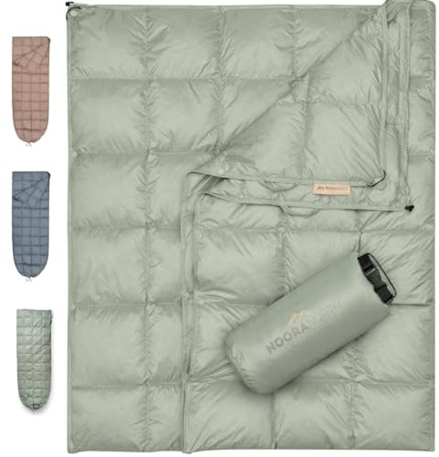 Noora North Daunen-Campingdecke, leicht, kompakt und verstaubar, warme Steppdecke für Outdoor, Reisen, Stadion, Hängematte, Strand und Festivals, wasserabweisend, 650 Füllkraft, Salbeigrün
