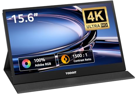 Yodoit Portable Monitor 15,6 Zoll 4K UHD Tragbarer Moniotr Bildschirm IPS-Display mit Typ-C, mini HDMI, integrierten Lautsprechern mit Smart Cover Monitor kompatibel mit PC, Laptop, MacBook, Xbox