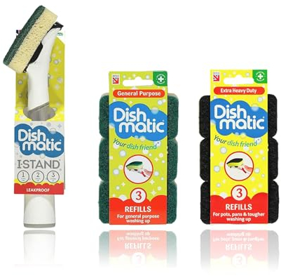 Leakproof Washing Up Brush Set- Self Standing Bacteria Free Kitchen Scourer including 6x Extra Heavy Duty Refills (Color May Vary)