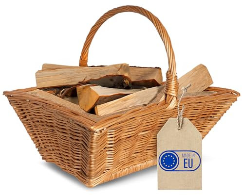 Creative Home Großer Kaminholzkorb Weide Holzkorb für Kaminholz | 50 x 40 x 37 cm | Brennholzkorb Feuerholzkorb mit Innenfutter aus Jute | Korb Weidenkorb | Holztrage Holz Tragekorb
