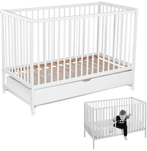 Cuna de Bebé Maipo Estilo Nórdico Minimalista 60x120 cm, Convertible en Cama Infantil, con Cajón, 3 Posiciones de Somier, Lacado Blanco al Agua CoolDreams