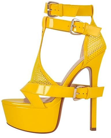 MissHeel Round Toe Mesh Material Pumps Shoes Double Buckle Strappy Stiletto High Heels with Grommets Belts Bands Patent Pumps Shoes Yellow Size 6