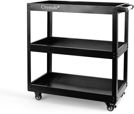 Crystals 3-Tier Heavy Duty Tool Trolley Cart on Wheels – Workshop & Garage Service Cart – Tool Storage Organiser with Handle and Lockable Wheels (Black)