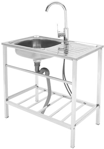 banborba Stainless Steel Sink, Indoor/Outdoor Utility Sink, Free Standing Single Bowl with Hot and Cold Faucet, Storage Shelf for Restaurant, Garage, Garden