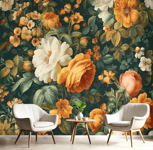 Rosa Barroca Papel Tapiz Fotográfico Efecto 3D, Jardín Vintage Papel Pintado Verde Oscuro Fotografía Mural, 300X210Cm Pared Pintado Fotomural Dormitorio Sala Mural Decoración