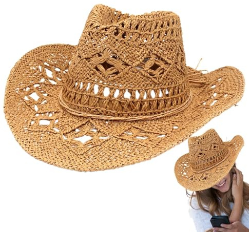 Cowboyhatt strå, brett brätte västerländsk hatt, andningsbar strandhuvudbonad för utomhusentusiaster sommar gård arbete camping vandring musik festival temafest | Solskydd strandhatt justerbar västerländsk modeälskare utomhusentusiast bondgård vandring camping maskerad temafest