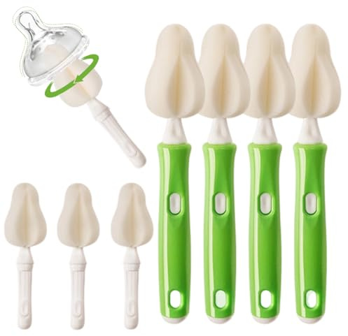 KEQAR Goupillon Biberon Bébé, Set de 8 Pièces avec 4 Brosses et 4 Têtes de Rechange en Éponge, Brosse de Nettoyage pour Biberons, Gobelets, Pailles, et Gourdes, Brosse Nettoyante Polyvalente
