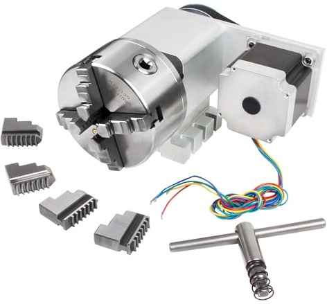 RATTMMOTOR K12-130mm CNC Router Table Rotary Milling Machine Rotational Axis A 4th Axis Through Hole 30MM, 4 Jaw Chuck Dividing Head Reducing Ratio 4:1, Nema34 Stepper Motor