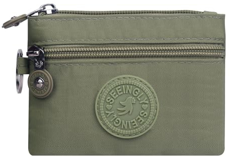 HYJMA Portable Coin Purse Pouch for Women, Dual Zipper Small Wallets Purse Nylon Card Holder with Keychain (Matcha Green)