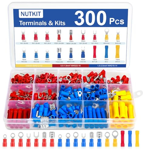NUTKIT 300 Pezzi Pinza Crimpatrice Capicorda, 18 Tipi Terminale Isolato Capicorda, per 0.5-6 mm簡, con Scatola Assortimento, Connettori Elettrici Terminali Kit per Elettricisti, Auto, Installazioni