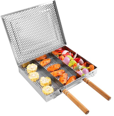 Cesta de pescado para asar, parrilla portátil de acero inoxidable, cesta de verduras, rejilla para asar pescado con divisores desmontables para pollo, carne y verduras (Doble manija)