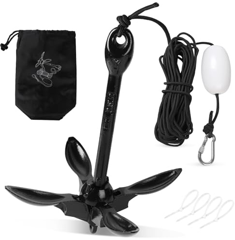 SWAWIS Ancla Kayak Hinchable Plegable 1,5 kg con 20M de Cuerda de Ancla Boya y Bolsa de Almacenamiento para Kayak Lancha Hinchable Paddle Surf Moto de Agua, Negro