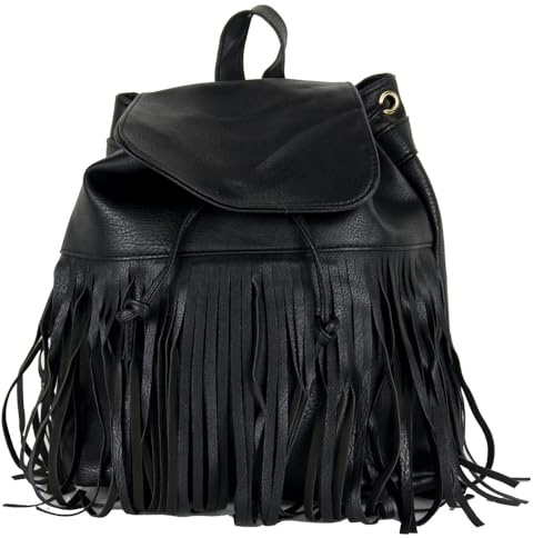 Zainetto con frange donna zaino ragazza vintage di ecopelle moda borsa da passeggio per uscire tempo libero casual semplice scuola Università viaggio gita primavera estate 2026 Black