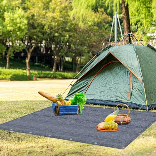 Yunvin Awning Carpet 2x2m Outdoor Rug Camping Mat HDPE Ground Sheet Tent Tarp with Eyelets, Ground Nails & Carry Bag Weatherproof Washable for Caravan Picnics Hiking, Grey