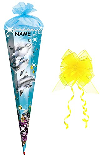 3-D Schultüte mit Glitzer + Steinen - Delfin 70 cm - mit Holzspitze - incl. Namen und Schleife mit Filzabschluß - Zuckertüte Roth Delfine Fisch Unterwasser Fi..