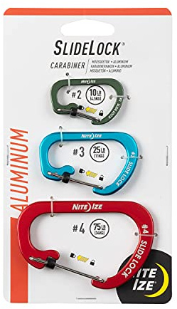 Nite IZE Slidelock Aluminum Locking Carabiner - Keychain Carabiner with Locking Gate - Carabiner Clip for Keys, Camping Accessories, & More - Assorted Sizes, Assorted Colors (3 Pack)