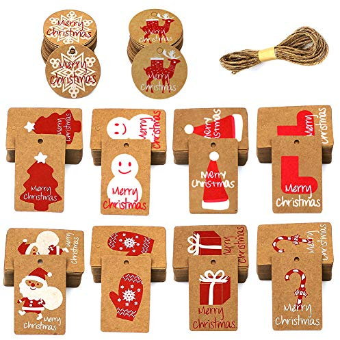 100 pezzi Kraft Paper Tag con 25 Metri Spago in iuta, Etichette regalo Natale Carta Kraft 10 disegni stampabili Christma per fai da te regalo di natale vacanze involucro etichette borse per feste(100)