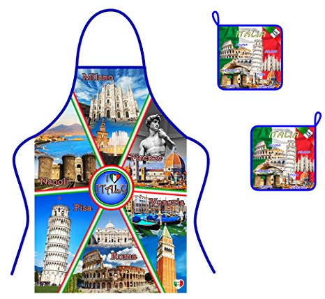 generico Set 2 Presine+Grembiule Cotone Tricolore Souvenir Utile Regalo Cucina Idea