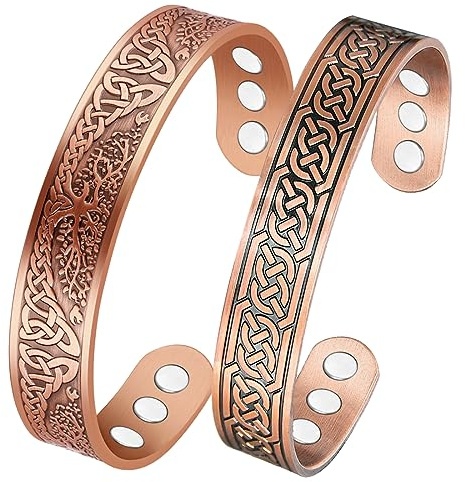 Vicmag Copper Magnetic Bracelet for Men 2PCS Bangles 3800 Gauss Magnets | 9X Strength, 99.9% Pure Copper, Adjustable Size, Present Box, Cooper bracelet, Tree & Ax