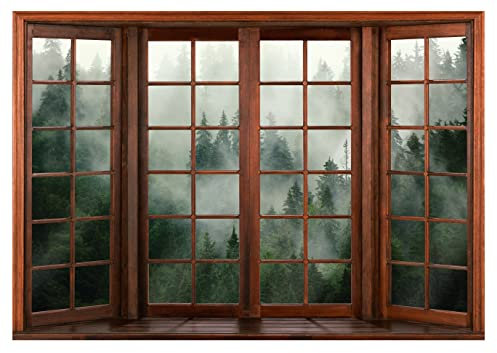 Fototapete Fenster mit Aussicht 3D EFFEKT Wald Nebel Ausblick Wohnzimmer Schlafzimmer Vlies Tapete inklusive Kleister Wandtapete UV-Beständig Montagefertig (208x146 cm - 2 Bahnen)