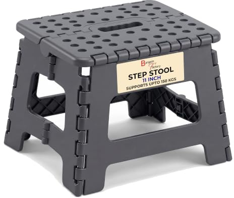 BARGAIN FACTORY Strong Folding Step Stool 11 inch Sturdy Enough to Hold Upto 150KG Lightweight Foldable Step Stool for Adults and Kids - Opens with one Flip Great for Kitchen, Bathroom Bedroom