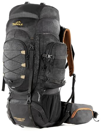 Tripole Walker Pro 80L Hiking Backpack with Laptop Compartment – Waterproof Travel Rucksack for Women and Men with Internal Frame & Rain Cover, 17” Laptop Section, Black