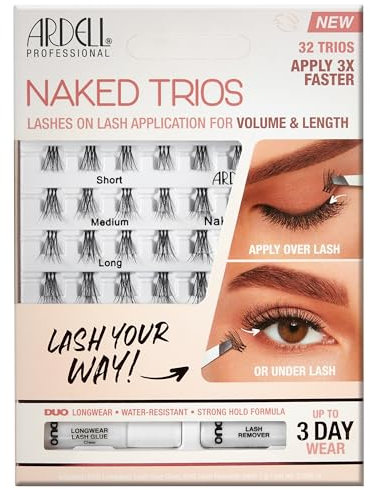 Ardell Naked Trios Lashes Kit, Individual Cluster Eyelashes, Customisable Extensions for Volume & Length, Eyelash Cluster Kit with Duo Adhesive & Lash Remover, Vegan-Friendly, 32 Trios Lashes